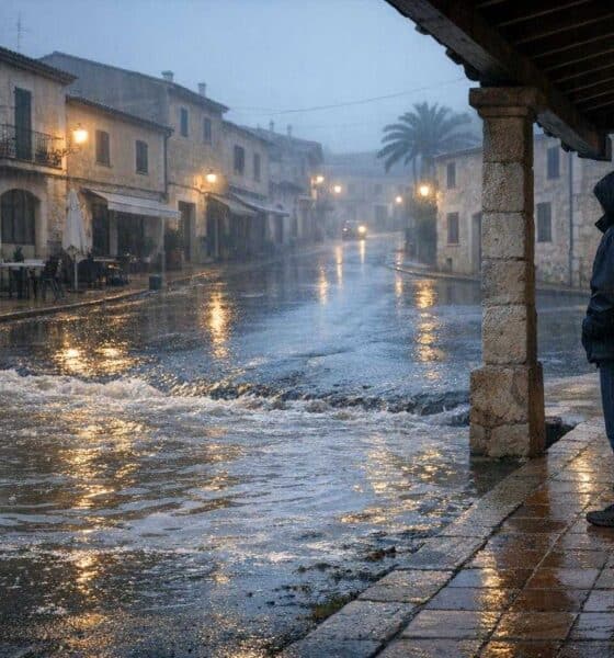 Regennasse Straße auf Mallorca mit einer überfluteten Senke und einer Person in sicherem Abstand.