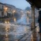 Regennasse Straße auf Mallorca mit einer überfluteten Senke und einer Person in sicherem Abstand.