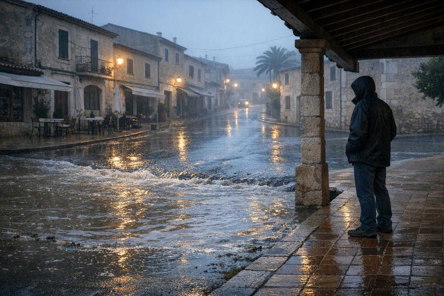 Regennasse Straße auf Mallorca mit einer überfluteten Senke und einer Person in sicherem Abstand.
