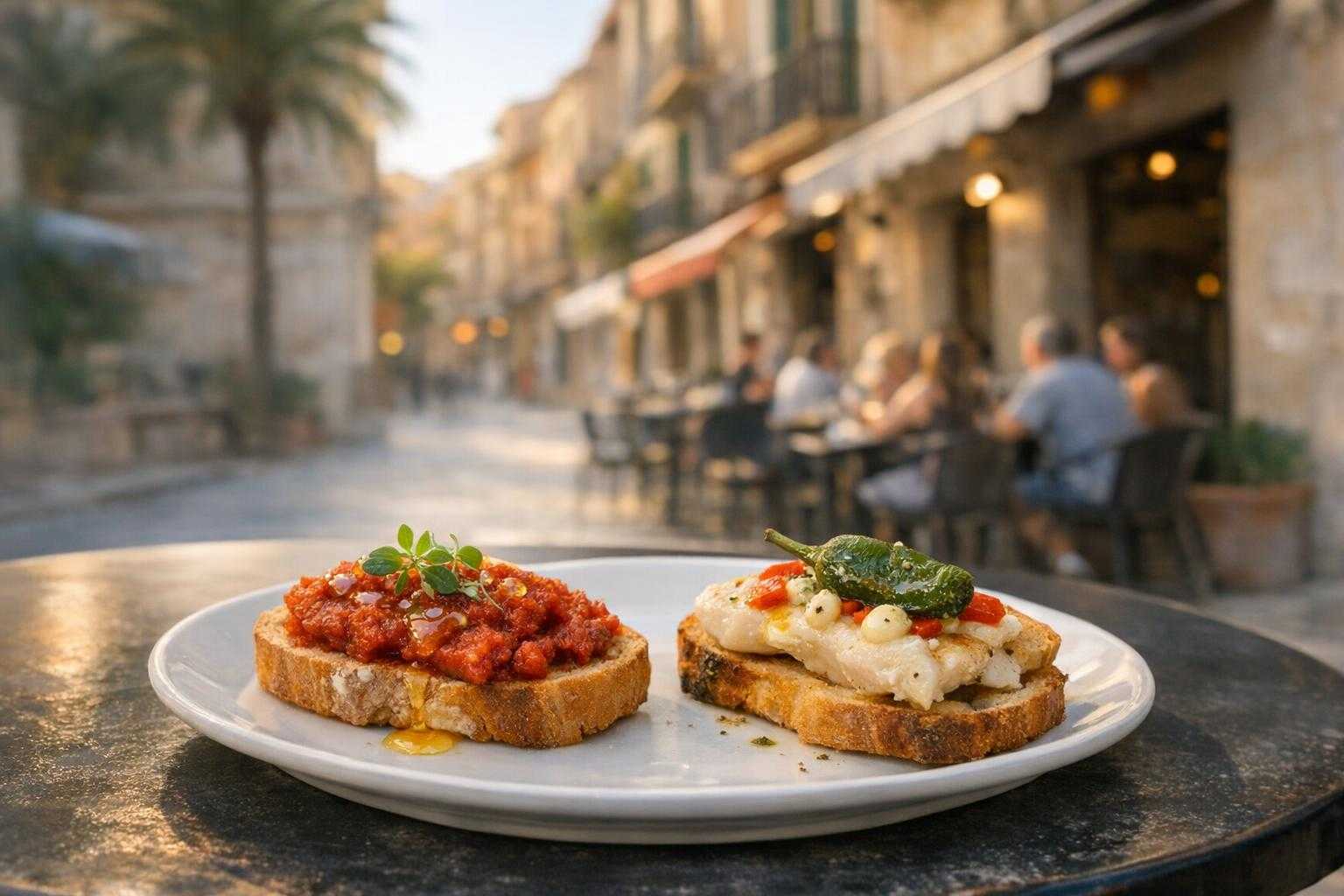Zwei unterschiedliche Tapas auf einem Tisch in einer Straße von Palma.