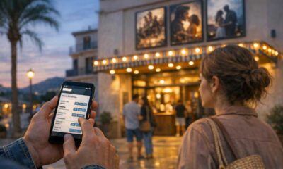 Zwei Menschen prüfen vor einem Kino das Programm auf einem Smartphone.