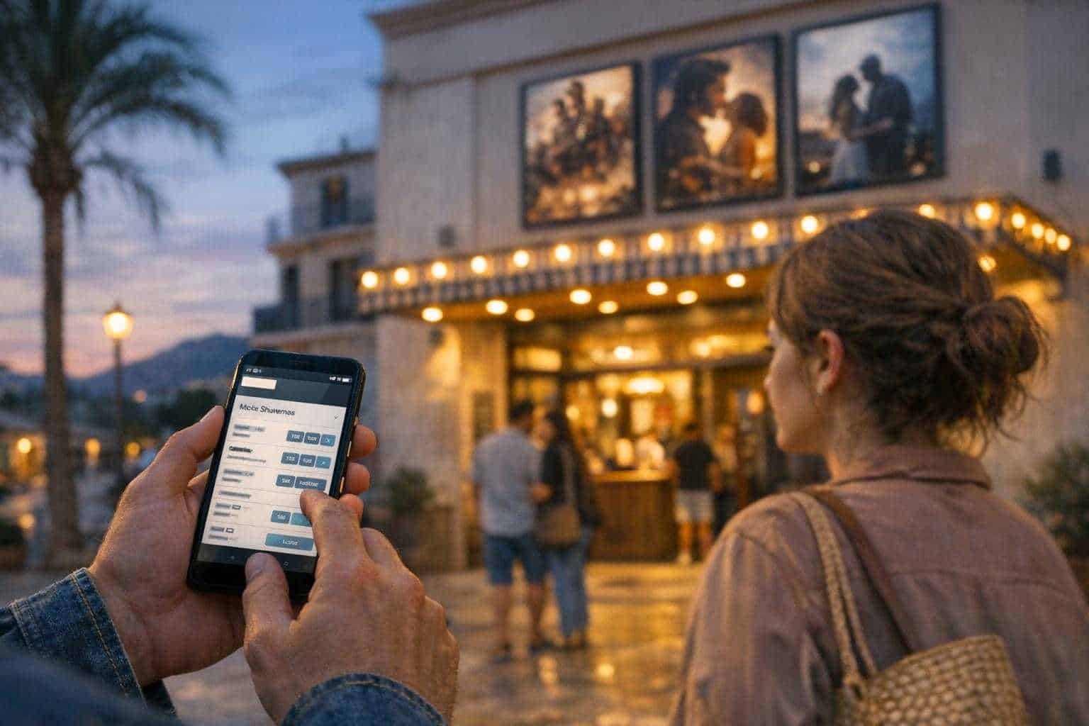 Zwei Menschen prüfen vor einem Kino das Programm auf einem Smartphone.