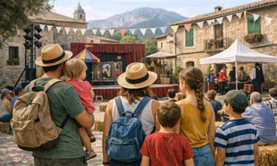 Familie auf einem Dorfplatz vor einer Theateraufführung für Kinder.