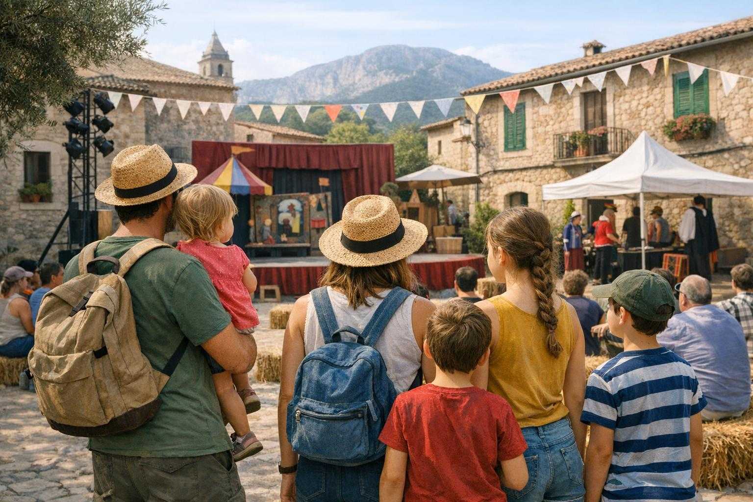 Familie auf einem Dorfplatz vor einer Theateraufführung für Kinder.