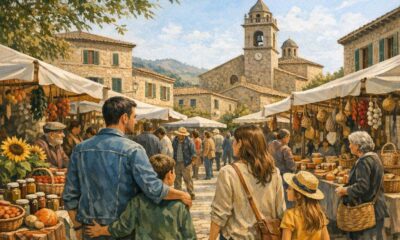 Besucher an Marktständen mit lokalen Produkten auf einem Platz in einer mallorquinischen Ortschaft.