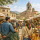 Besucher an Marktständen mit lokalen Produkten auf einem Platz in einer mallorquinischen Ortschaft.
