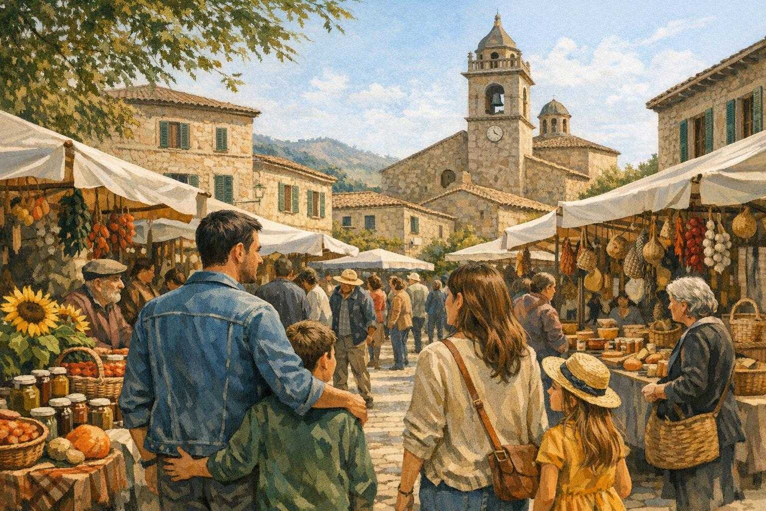 Besucher an Marktständen mit lokalen Produkten auf einem Platz in einer mallorquinischen Ortschaft.