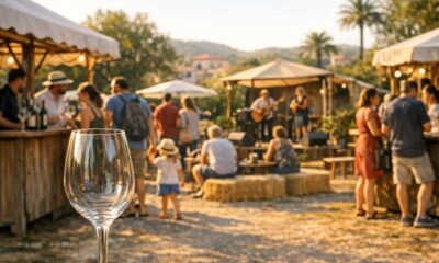 Besucher an Weinständen bei einem Open-Air-Weinfest auf Mallorca.