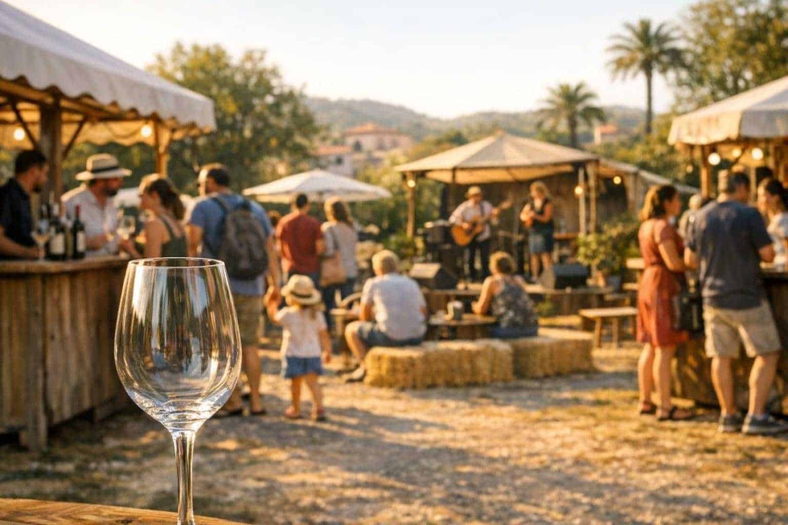 Besucher an Weinständen bei einem Open-Air-Weinfest auf Mallorca.