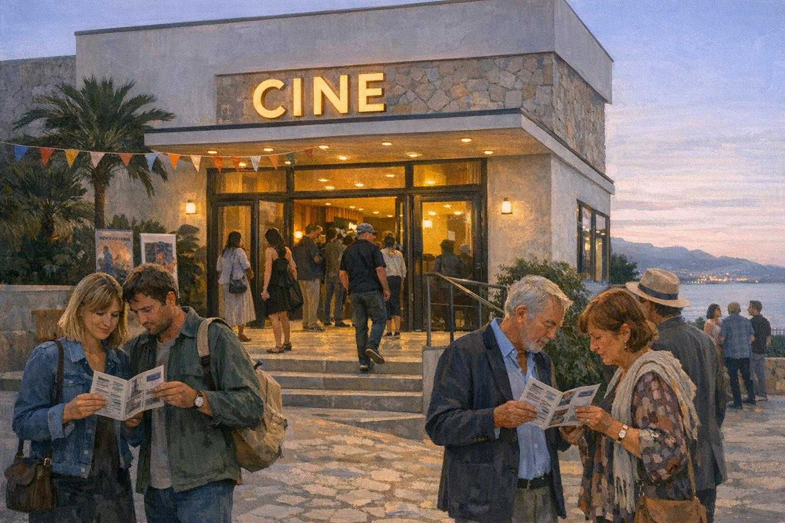 Besucher betrachten vor einem Kino auf Mallorca das Festivalprogramm.
