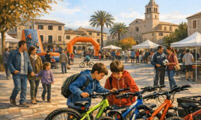 Familien und Fahrräder auf einem belebten Platz während einer Sport- und Freizeitmesse.