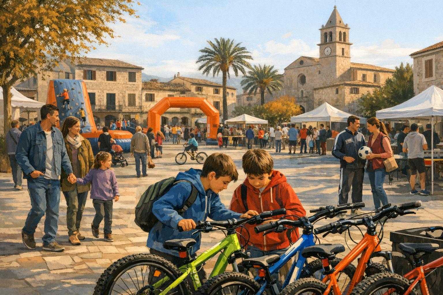 Familien und Fahrräder auf einem belebten Platz während einer Sport- und Freizeitmesse.