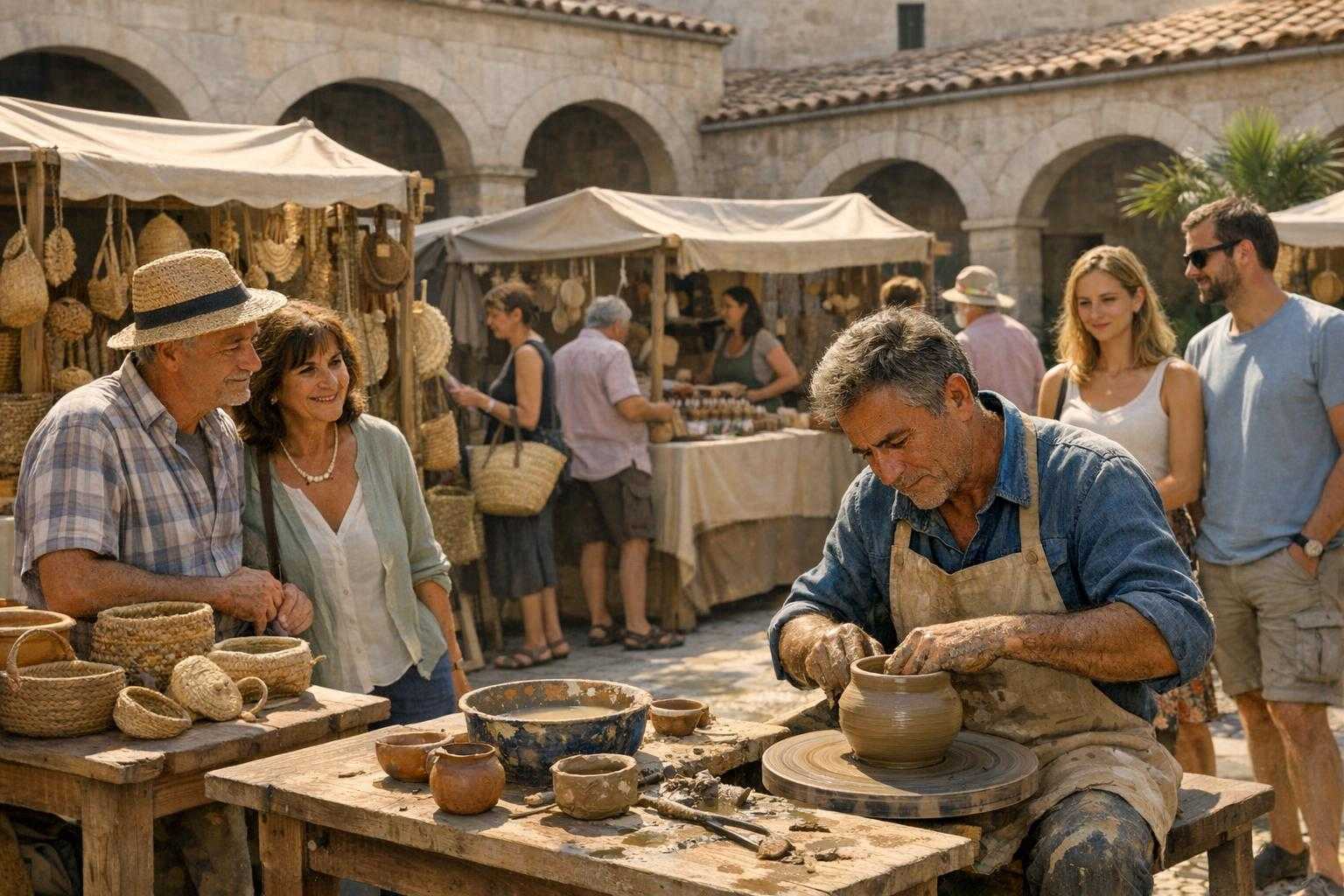 Handwerksvorführung mit Ton in einem mediterranen Innenhof.