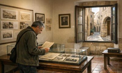 Besucherin betrachtet historische Dokumente in einem Ausstellungsraum in Palma.
