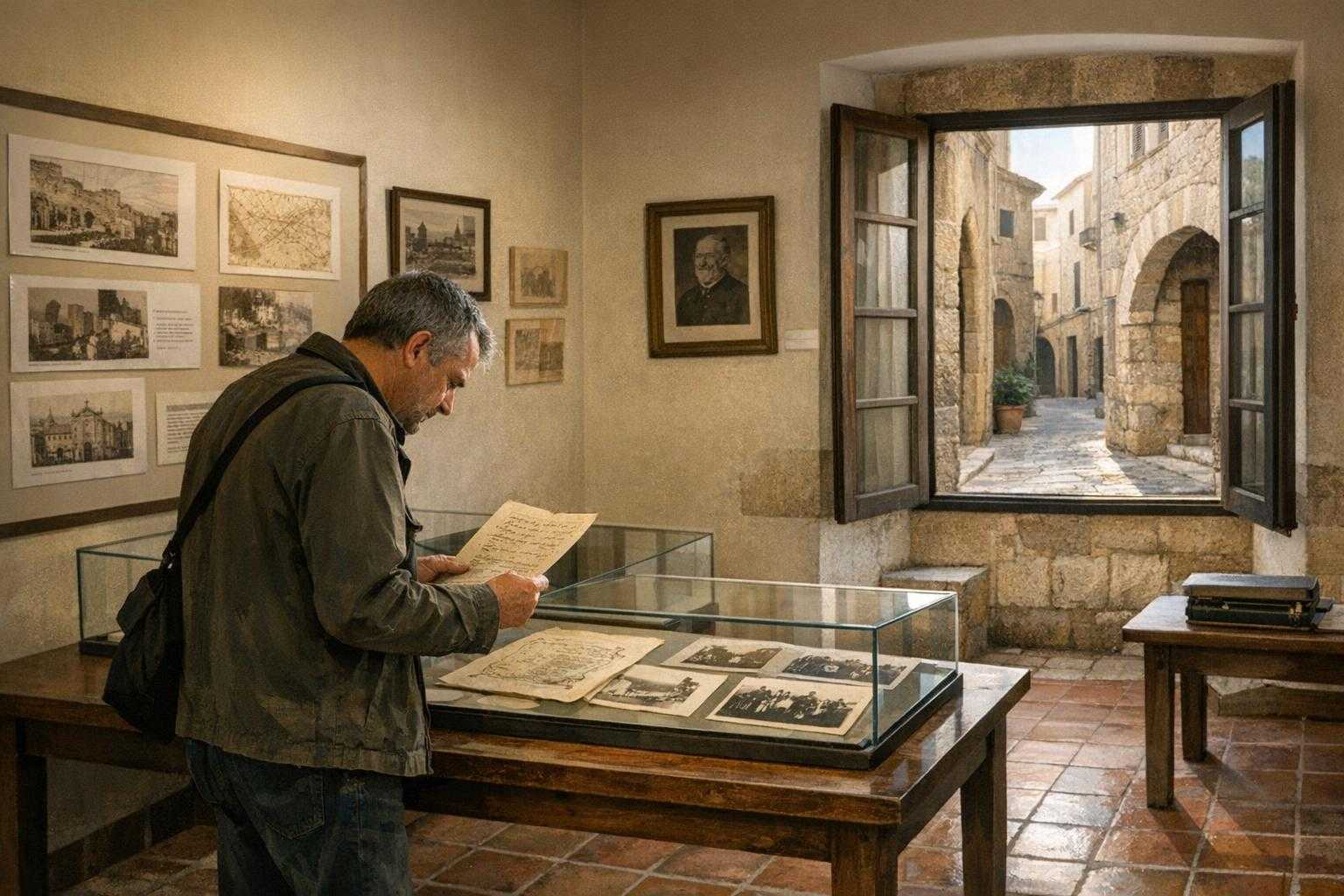 Besucherin betrachtet historische Dokumente in einem Ausstellungsraum in Palma.